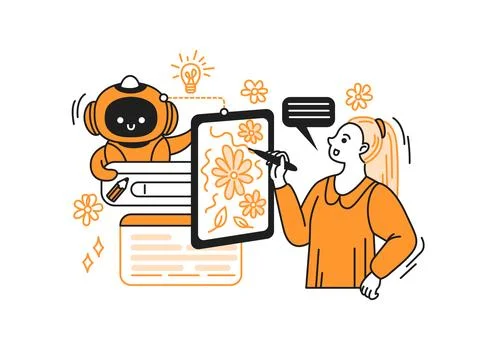 Illustration of Collaboration Between Robot and Artist Stock Illustration