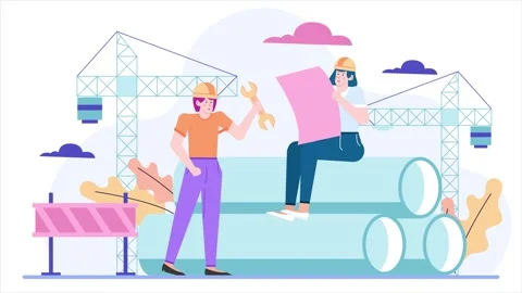 Illustration of collaboration in construction with two workers exchanging tools Stock Footage 284196256