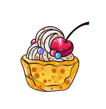 Illustration of a colored drawing of sweets: light yellow dessert with cream and Stock Illustration