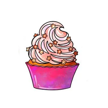 Illustration of a colored drawing of sweets: orange cupcake with pink violet Stock Illustration