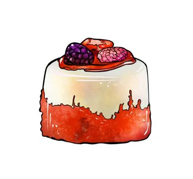 Illustration of a colored drawing of sweets: red round mousse cake decorated Stock Illustration