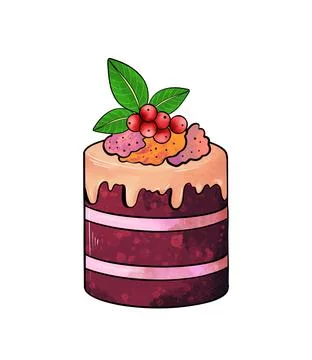 Illustration of a colored drawing of sweets: red-brown round cake poured with Stock Illustration