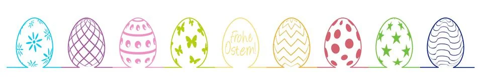 An illustration of colorful Easter eggs in different patterns on a white back イラスト素材