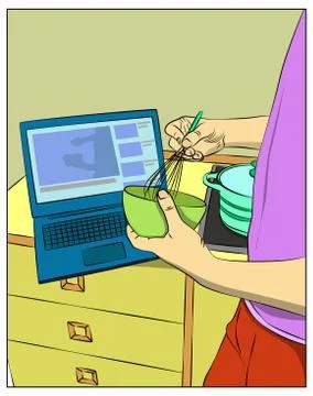 Illustration of a comic book man watching a cooking vlog and beating up eggs  Stock Illustration