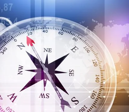 Illustration of compass and world map on colorful background Illustrazione stock