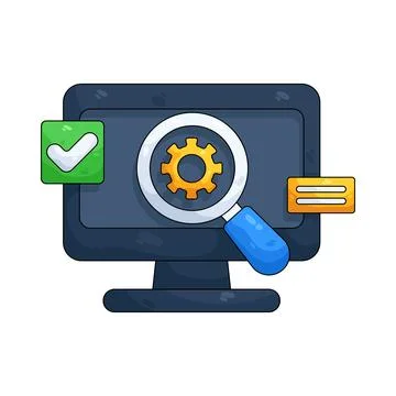 Illustration of computer with a magnifying glass and gear 스톡 일러스트