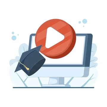 Illustration of computer with play button and graduation cap イラスト素材