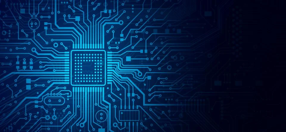 Illustration of computer processor chip on circuit board, copy space. Panoram Illustrazione stock