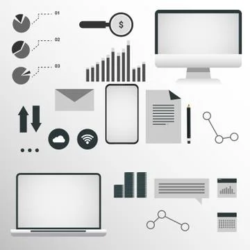 Illustration With Computers, Phone And Web Icons On Gray Background Illustrazione stock