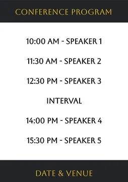 Illustration of conference program with timings, date, venue, speaker 1,2,3,4,5 Stock Illustration
