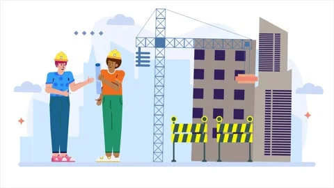 Illustration of construction workers discussing building plans on site Stock Footage 284293697