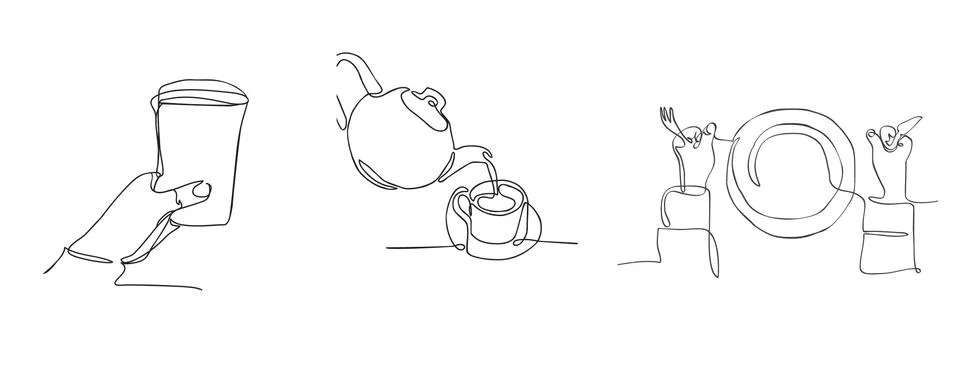 Illustration with Continuous line drawing fork, plate, knife, Plastic cup and Stock Illustration