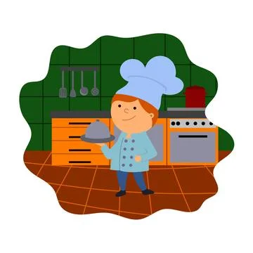 Illustration of a cook in the kitchen, vector isolated on a white background. Stock Illustration