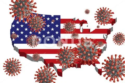 Illustration of coronaviruses behind the map and flag of the United States Stock Illustration