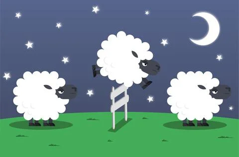 Illustration counting sheep to fall asleep. Cute cartoon sheep jumping over t Ilustração Stock