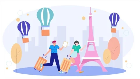 Illustration of a couple exploring Paris with their luggage. Hot air balloons Stock Footage 284790721