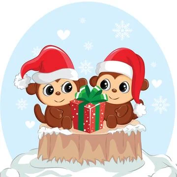 Illustration of couple monkey with gift box. Cute monkey for christmas day. 스톡 일러스트