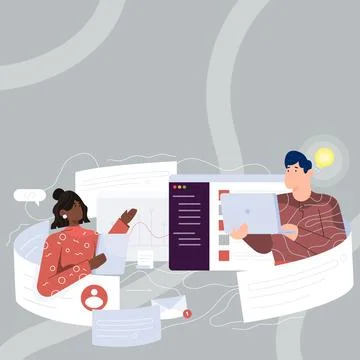 Illustration Of Couple Speaking In Chat Cloud Exchanging Messages Talking About Illustrazione stock