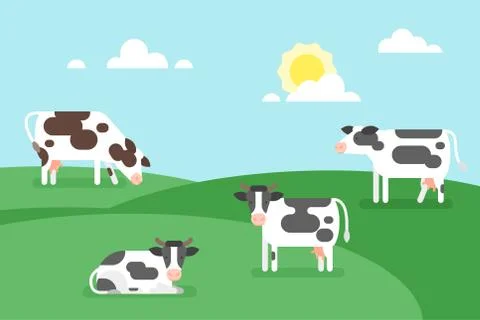 Illustration of cows graze in a field. Stock Illustration