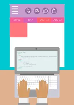 Illustration of creating a web page by a programmer. Work on a laptop. Vector Stockillustratie