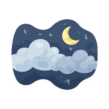 Illustration of crescent moon and clouds at night Ilustración de archivo