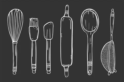 Illustration of cute kitchen objects for cooking are drawn with a white outli Stock Illustration