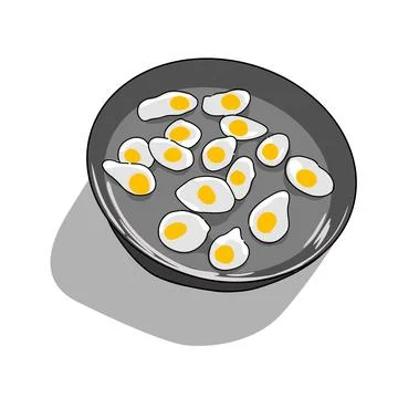 An illustration of cute mini fried eggs in a frying pan for kids meal. Healthy F Stock Illustration
