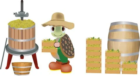 Illustration of a cute turtle making wine from white grape Stock Illustration