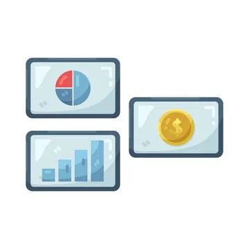 Illustration of Data Analytics Dashboard Featuring Financial Charts and a Coin Stock Illustration
