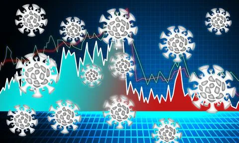 An illustration of a decreasing economic graph chart with covid-19 cells agai Stock Illustration