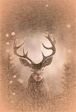 Illustration of deer, abstract color background, eye contact. Digital art. Stock Illustration