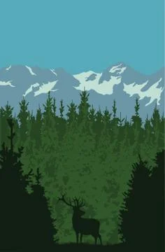 Illustration of a deer in a forest against a background of mountains Stock Illustration