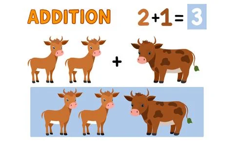 Illustration demonstrating the concept of addition using cartoon cows Stock Illustration