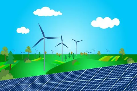Illustration design of Wind turbines and solar panels with a cloudy sky Stock Illustration