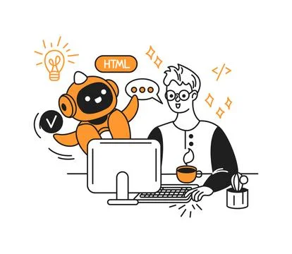 Illustration of Developer and Robot Collaborating 库存插图
