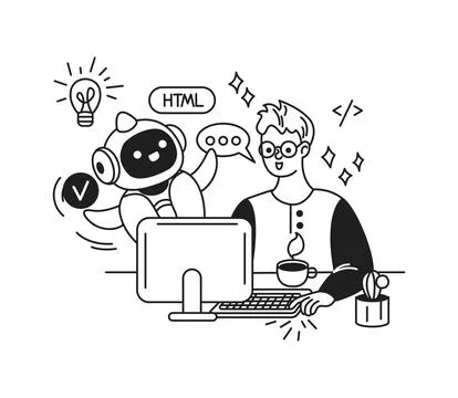 Illustration of Developer Interacting with Robot Illustrazione stock