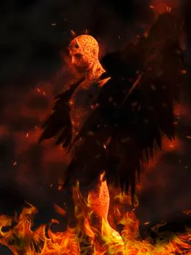 Illustration of the devil character in flames at dark background Stock Illustration