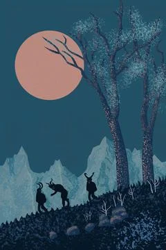 Illustration of devils called Krampus descending Alps mountains, Europe at night Stock Illustration