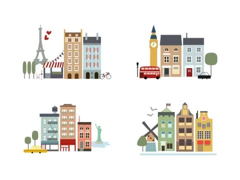 Illustration of different cities in doodle style Stock Illustration