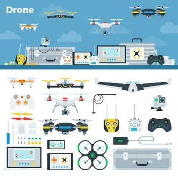 Illustration of different drones with equipment for storage, management vector Stock Illustration