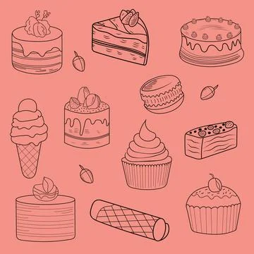 Illustration of different types of sweets in doodle style Illustrazione stock