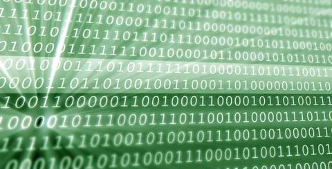 An illustration of digital binary data and streaming binary code on a green b 스톡 사진