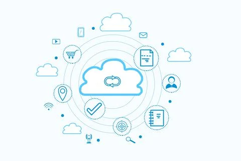 Illustration of digital cloud with different icons on white background. Moder Stock Photos