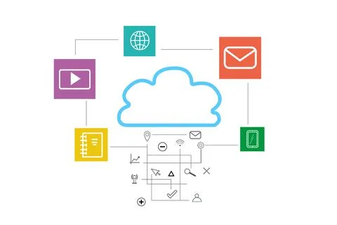 Illustration of digital cloud with different icons on white background. Moder 스톡 사진