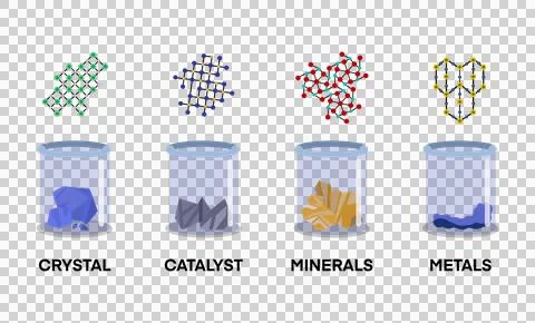 Illustration displaying four types of substances crystal, catalyst, minerals Illustrazione stock
