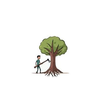 Illustration displaying a man cutting down a large tree with an axe in a fo.. Stock Illustration