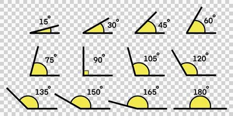 Illustration displaying various angles, ranging from 15 to 180 degrees Illustrazione stock
