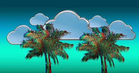 Illustration of distorted palm trees and clouds against blue gradient Stock Illustration