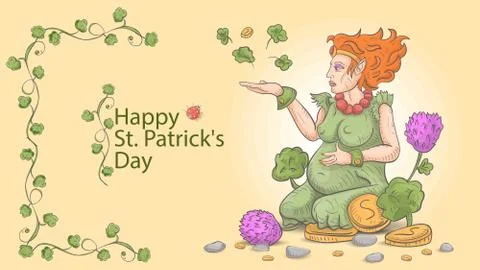 Illustration of a Doodle style St Patricks day banner a colored pregnant lepr Illustrazione stock