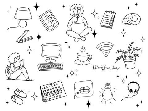 An illustration of doodles for working from home, computer, cat, a girl behin Illustrazione stock